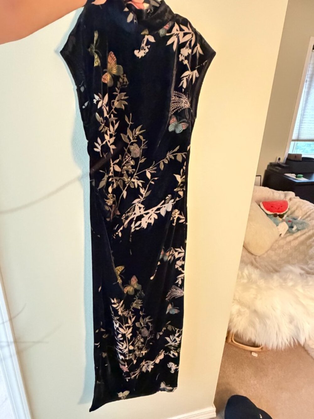 Black Velvet Butterfly Print Cheongsam Dress Size S